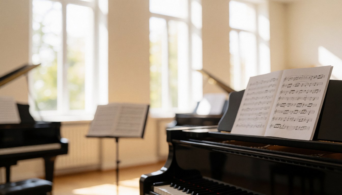 Salle de musique équipée de pianos noirs et de partitions posées sur des supports, baignée de lumière naturelle provenant des fenêtres, créant une ambiance calme et professionnelle.