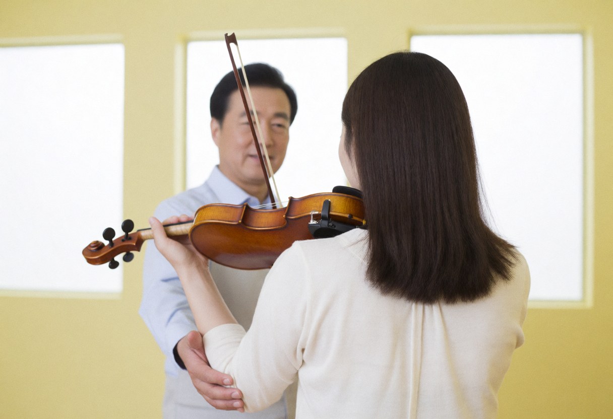 Un professeur de musique aide un élève à positionner son violon dans une salle lumineuse aux fenêtres, dans un environnement professionnel et calme.