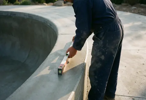 Un ouvrier en combinaison ajuste un niveau de précision sur le rebord d'une piscine en béton, éclairé par la lumière dorée du coucher de soleil.