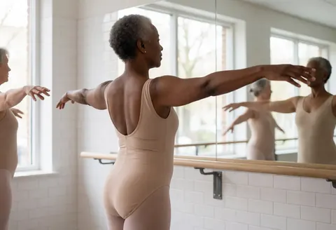 Une femme adulte pratique le ballet dans un studio avec des murs carrelés blancs, une barre en bois et une lumière naturelle provenant des fenêtres.