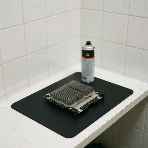 Un ensemble CPU nettoyé avec ventilateur et dissipateur métallique brillant sur un tapis noir, à côté d'un aérosol de air comprimé, sur un comptoir blanc.