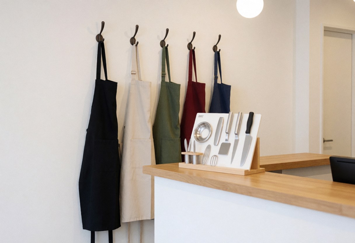 Des tabliers de cuisine sombres et clairs accrochés à des crochets sur un mur blanc, avec des ustensiles de cuisine sur un comptoir en bois.