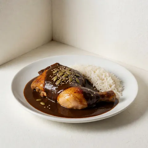 Assiette blanche contenant du poulet rôti nappé de sauce mole sombre, accompagné de riz blanc et parsemé de graines de citrouille et de sésame.