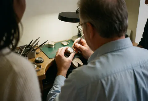 Vue arrière d'un technicien réparant une montre avec un outil, éclairage focalisé, outils sur la table, ambiance d'atelier.