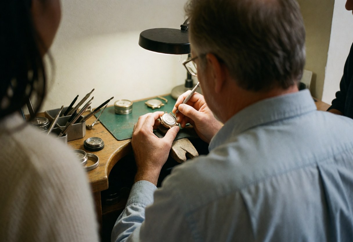 Vue arrière d'un technicien réparant une montre avec un outil, éclairage focalisé, outils sur la table, ambiance d'atelier.
