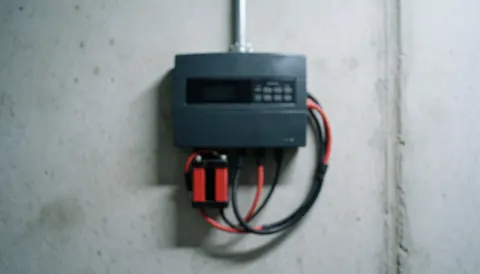 Panneau de contrôle gris fixé sur un mur en béton apparenté, exposant des câbles électriques rouges et noirs pour la maintenance.