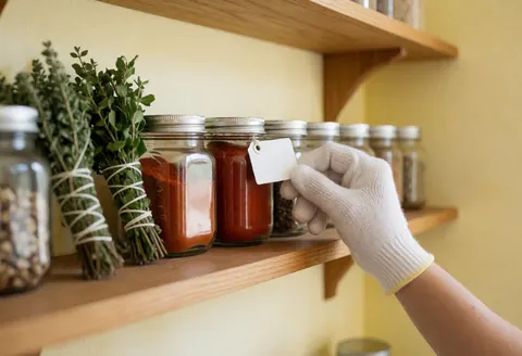 Une main portant un gant blanc ajuste une étiquette blanche sur un bocal de paprika rouge posé sur une étagère en bois avec des herbes et épices.