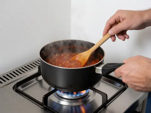 Une main remue une sauce tomate bouillante dans une poêle noire sur une cuisinière à gaz avec une flamme bleue et orange, le fond est un mur blanc et la surface en acier inoxydable.