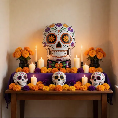Autel du jour des morts sur table en bois avec calandre gonflable, fleurs de cempasuchil, bougies allumées et crânes décoratifs.