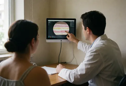 Un technicien en blouse blanche pointe du doigt un écran affichant des couches de peau, tandis qu'une patiente est assise face à lui dans un bureau.