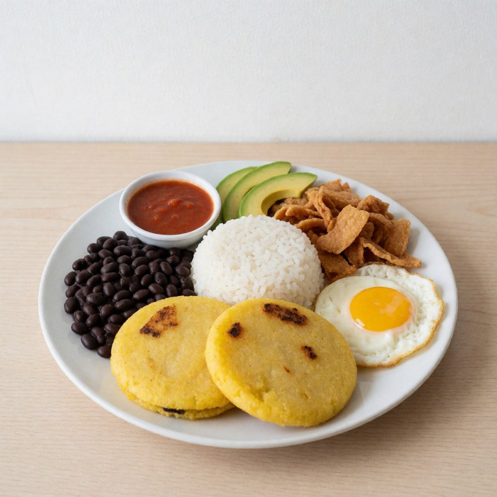 Assiette blanche contenant bandeja paisa avec arepas, riz, haricots, œuf au plat, avocat et chicharron sur table en bois clair.