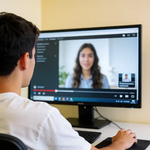 Un étudiant suit un cours en ligne sur un grand moniteur, la main posée sur la souris, dans un environnement de bureau avec un mur beige.