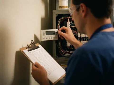 Un technicien portant des lunettes de sécurité examine un panneau de chauffage mural à l'aide d'une liste de contrôle sur un fond clair.
