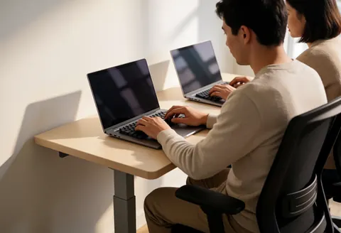 Deux personnes assises sur des chaises ergonomiques, utilisant des laptops sur une table en bois clair, baignées de lumière naturelle venant d'une fenêtre avec des murs blancs.