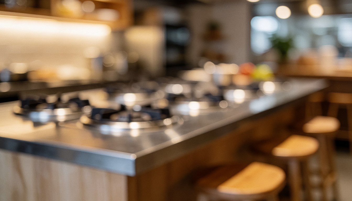 Fond de cuisine moderne avec îlot central, brûleurs en acier inoxydable et tabourets en bois, éclairage chaleureux et ambiance conviviale pour textes.