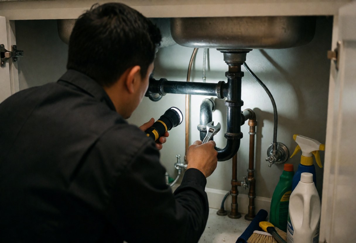 Un plombier en uniforme sombre ajuste des tuyaux en cuivre et un siphon P-trap sous un évier à l'aide d'une clé et d'une lampe, dans un environnement gris avec des produits de nettoyage visibles.