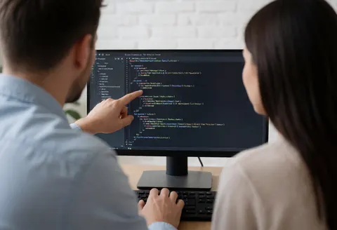 Un instructeur montre une ligne de code à un étudiant lors d'un cours de programmation. L'étudiant a les mains sur le clavier, devant un mur en briques blanches.