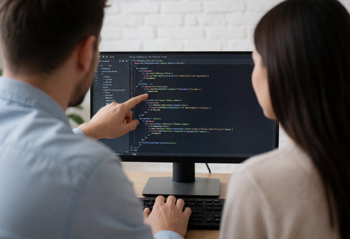 Un instructeur montre une ligne de code à un étudiant lors d'un cours de programmation. L'étudiant a les mains sur le clavier, devant un mur en briques blanches.