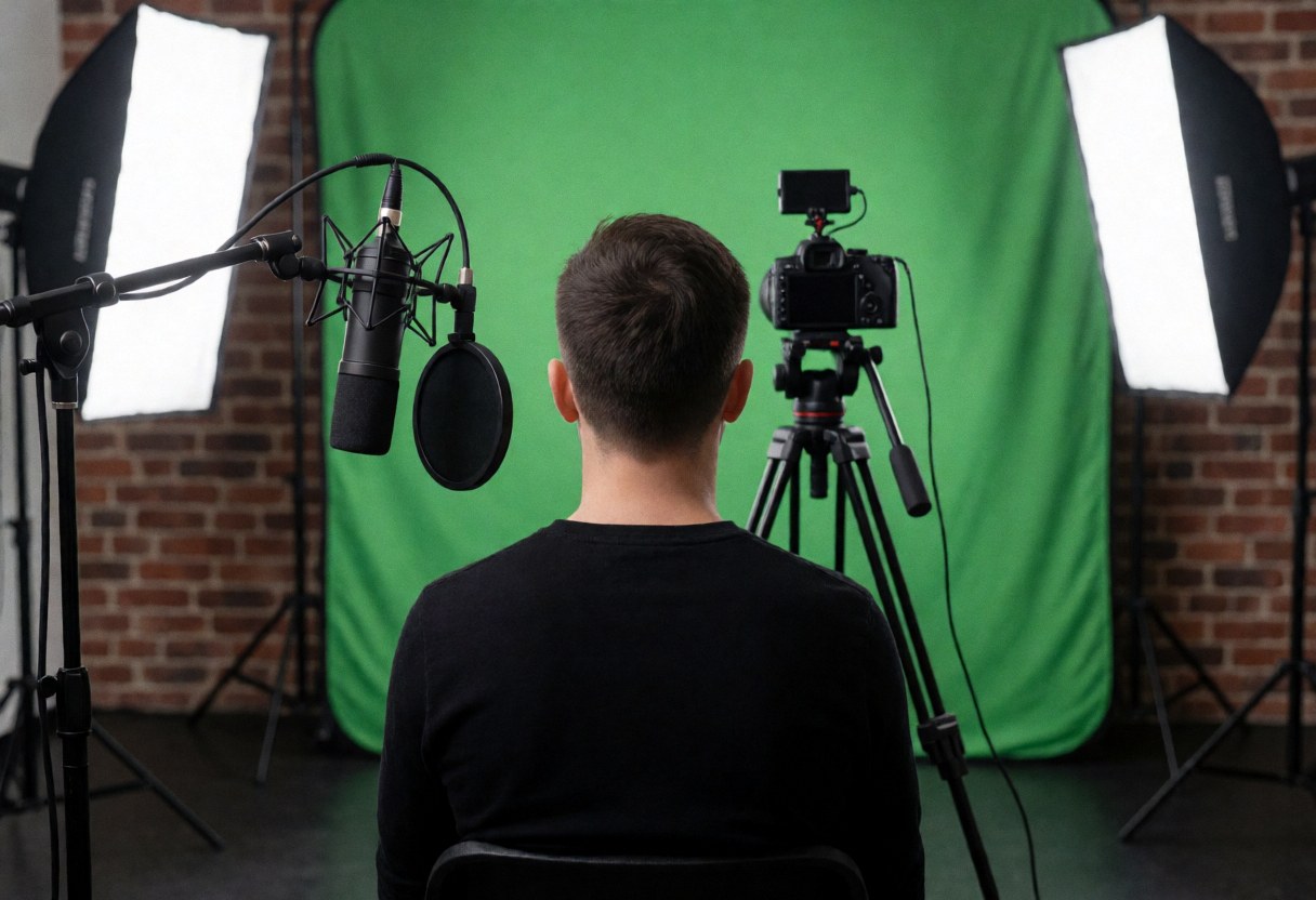 Instructeur en studio avec fond vert, caméra sur trépied et microphone professionnel, mur de briques rouges et éclairage doux.