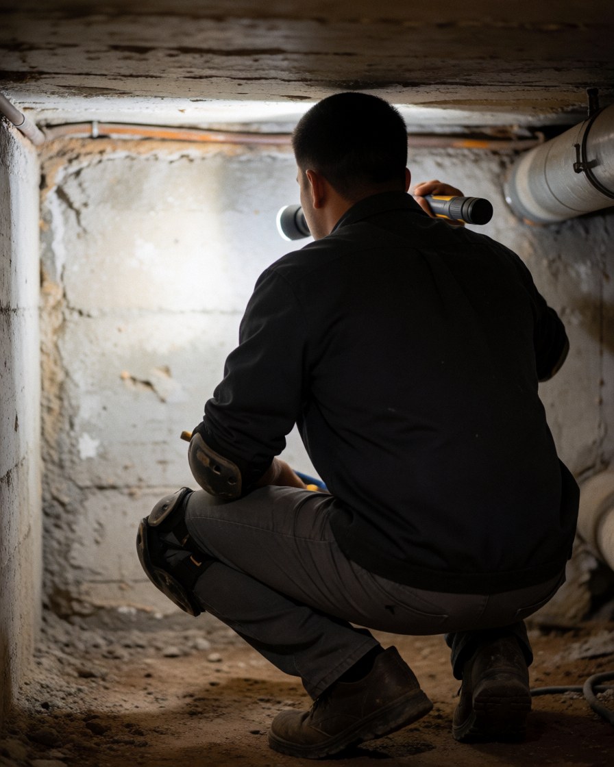 Un plombier équipé de genouillères et d'une lampe torche examine des conduits dans un sous-sol aux murs en béton et au sol en terre.