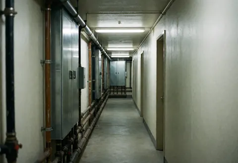 Agent de services d'un bâtiment avec tuyauterie métallique, panneaux d'accès et lumières fluorescentes. Idéal pour la réparation de tuyaux.