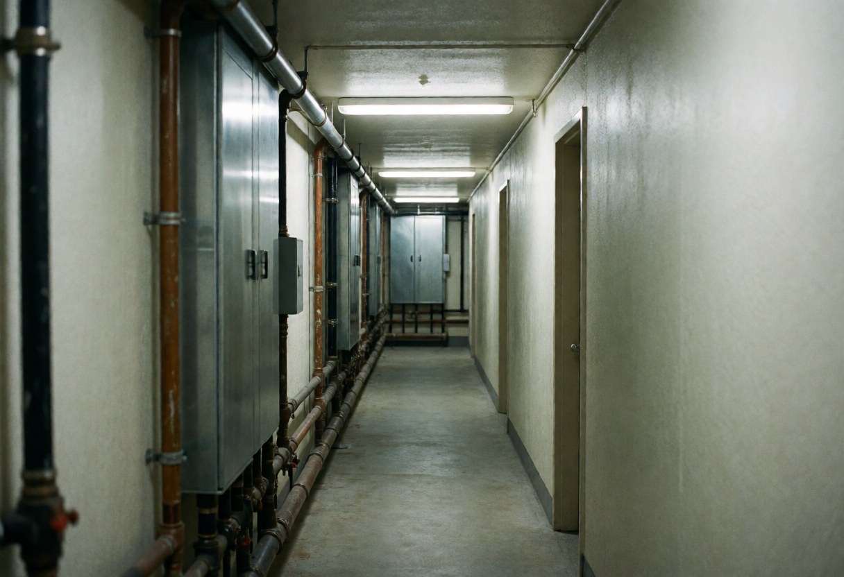 Agent de services d'un bâtiment avec tuyauterie métallique, panneaux d'accès et lumières fluorescentes. Idéal pour la réparation de tuyaux.