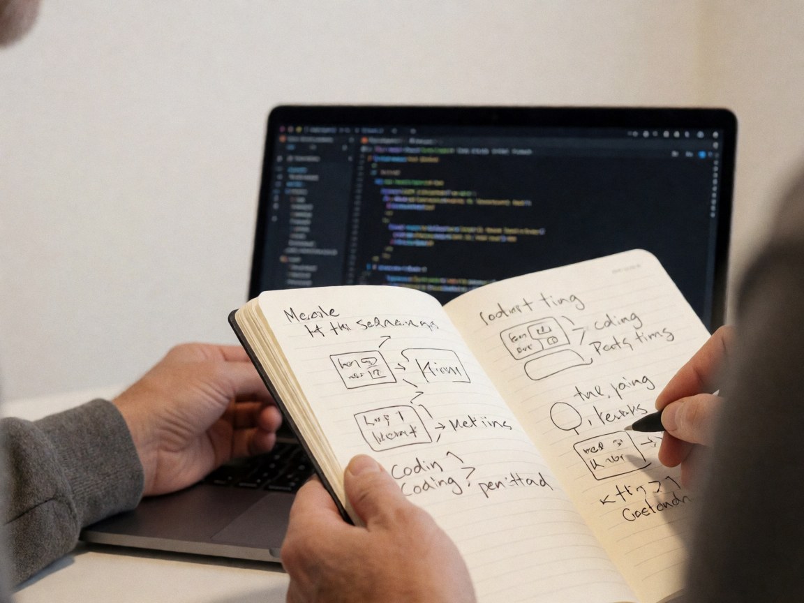 Écran d'ordinateur portable affichant du code et un carnet avec des diagrammes de programmation, mains en train d'écrire, ambiance d'étude technique.