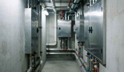 Couloir étroit de services techniques avec tuyaux métalliques exposés, panneaux d'accès et murs en béton sous éclairage artificiel pour fond neutre.