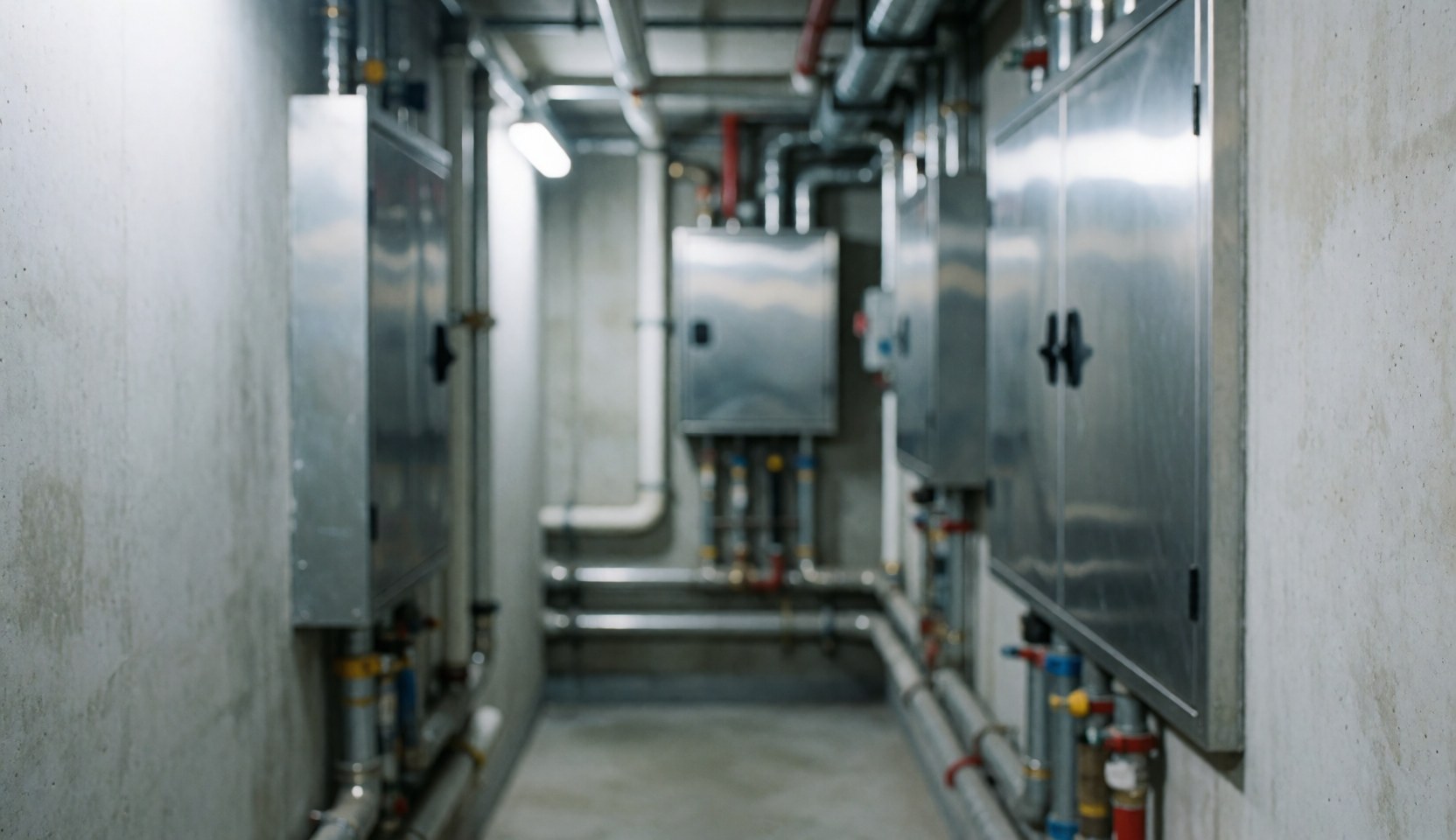 Couloir étroit de services techniques avec tuyaux métalliques exposés, panneaux d'accès et murs en béton sous éclairage artificiel pour fond neutre.