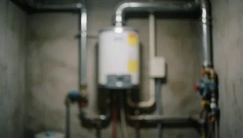Arrière-plan d'une salle industrielle avec chaudière et tuyaux métalliques flous, murs en béton, éclairage tamisé, idéal pour superposer du texte commercial.