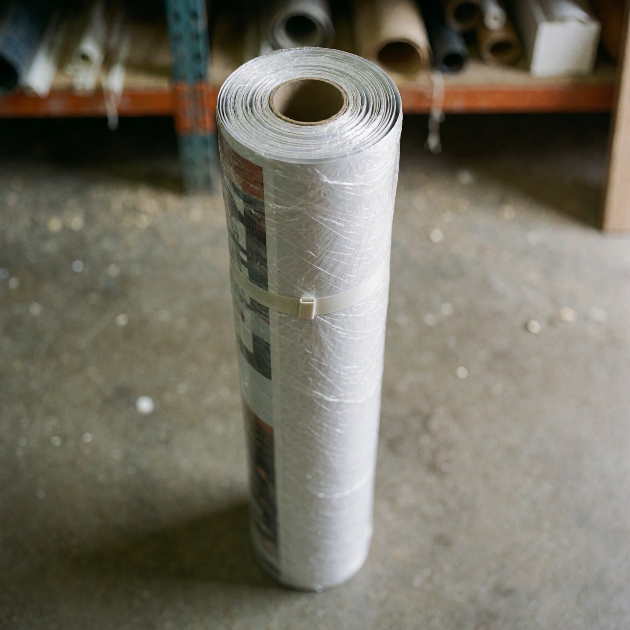 Rouleau de vinyle pour impression, protégé par un film plastique, prêt à être transporté dans un atelier d'impression.