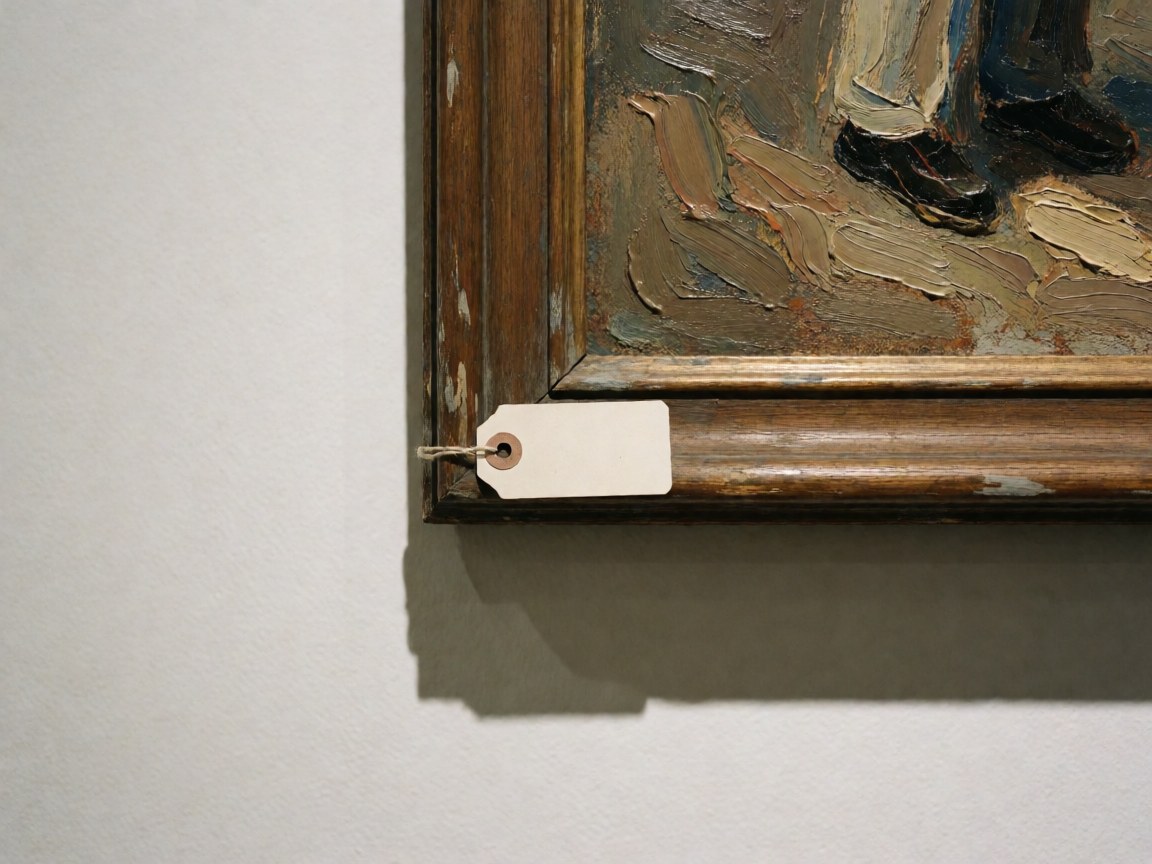 Gros plan sur un tableau en peinture à l'huile en relief, son cadre en bois et une étiquette blanche suspendue. Idéal pour les galeries d'art ou les boutiques.