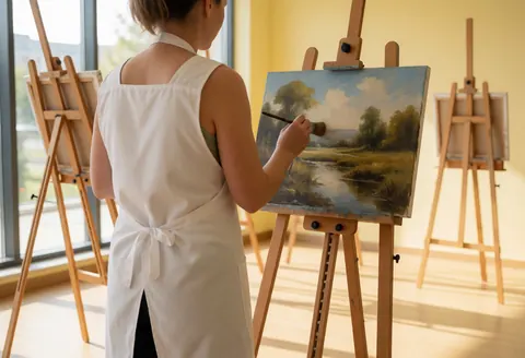 Artiste portant un tablier blanc peint un paysage sur chevalet avec lumière naturelle par la fenêtre dans un studio d'art.