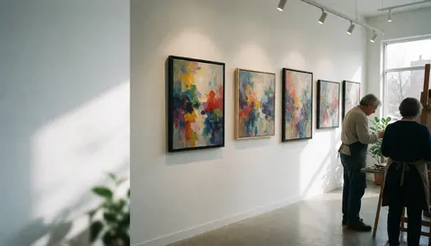 Deux artistes en tablier travaillent dans un atelier éclairé par la lumière naturelle et des projecteurs, sur un sol en béton poli, avec des peintures abstraites au mur.