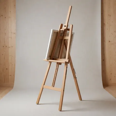 Étagère en bois supportant une toile vierge sur fond de panneaux de bois et mur gris neutre, idéale pour décoration ou présentation de produits artistiques.
