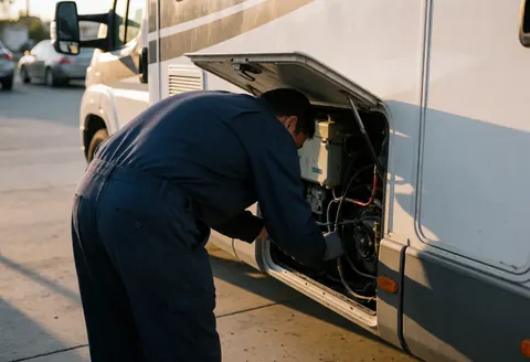 Un technicien en uniforme bleu examine les tuyaux et les composants du camping-car dans un parking au coucher du soleil avec une lumière chaude.