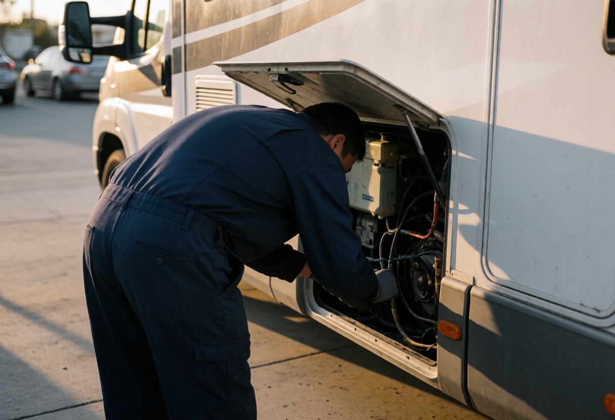Un technicien en uniforme bleu examine les tuyaux et les composants du camping-car dans un parking au coucher du soleil avec une lumière chaude.