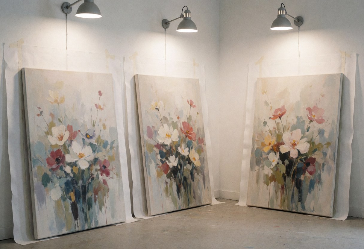 Trois grands tableaux abstraits floraux posés contre des murs blancs et éclairés par des projecteurs dans un atelier au sol en béton.