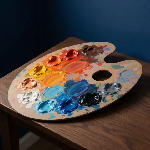 Palette d'artiste en bois contenant des touches de peinture acrylique aux tons chauds et froids, posée sur une table en bois foncé devant un fond bleu marine.