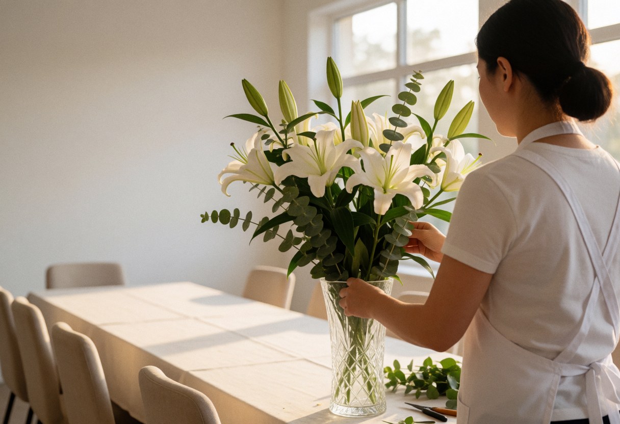 Une fleuriste en tablier blanc dispose des lys blancs et de l'eucalyptus dans un vase en cristal sur une table couverte d'une nappe blanche, avec des chaises vides autour et une lumière naturelle.