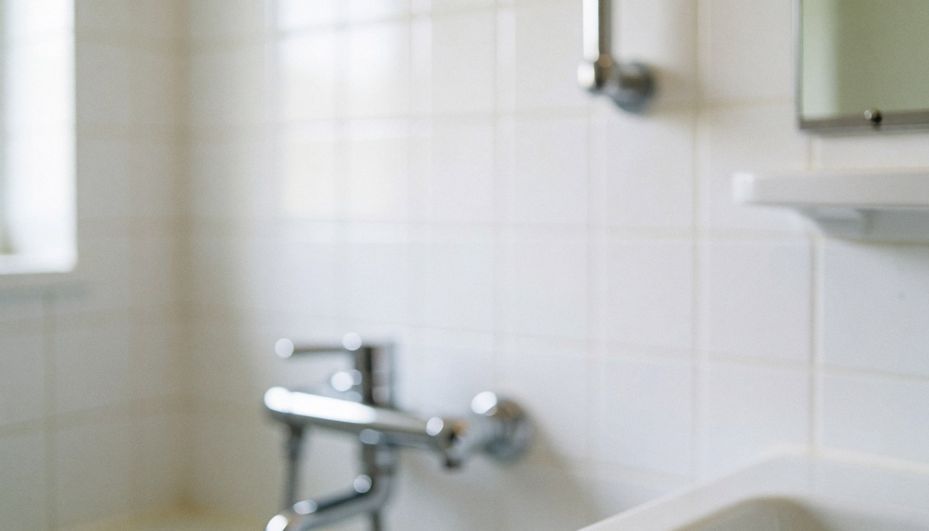 Arrière-plan de salle de bain avec carreaux blancs, robinetterie chromée et lumière naturelle douce, idéal pour textes et services de plomberie.