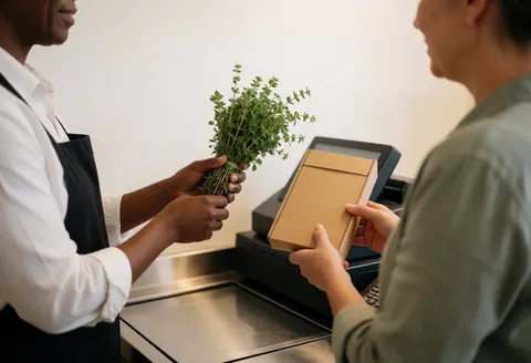 Une cliente récupère des herbes fraîches dans une caisse enregistreuse lors d'un atelier de cuisine.