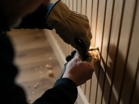 Une main portant un gant serre une vis en bronze sur du bois de chêne, avec des copeaux autour et un arrière-plan flou.