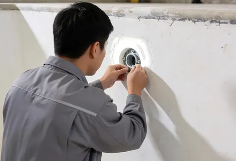 Un technicien en uniforme gris ajuste une vanne de retour sur un mur blanc dans une piscine vide, éclairé par une lumière vive.