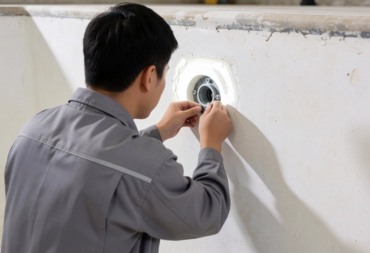 Un technicien en uniforme gris ajuste une vanne de retour sur un mur blanc dans une piscine vide, éclairé par une lumière vive.