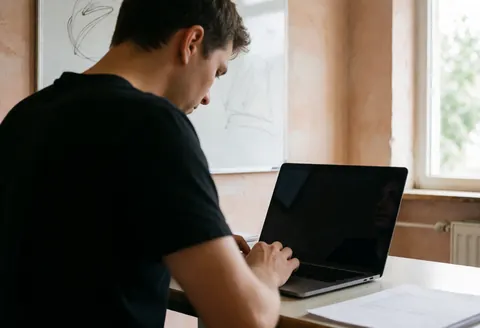 Un homme mature travaille sur un laptop posé sur une table devant un tableau blanc illustré, baigné par la lumière naturelle d'une fenêtre.