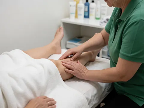 Thérapeute réalisant des mouvements circulaires sur la jambe d'un client couvert d'une couverture blanche, avec des étagères de produits de soin en arrière-plan.