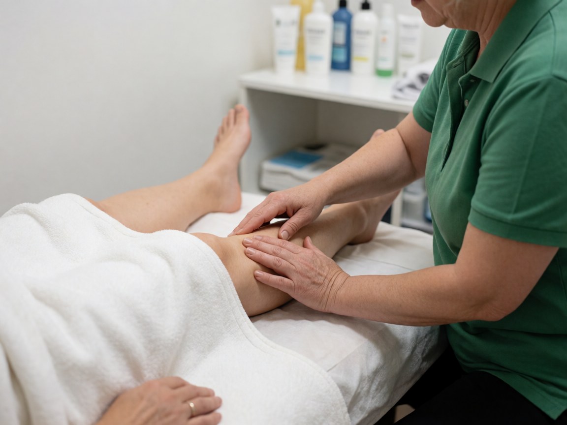 Thérapeute réalisant des mouvements circulaires sur la jambe d'un client couvert d'une couverture blanche, avec des étagères de produits de soin en arrière-plan.