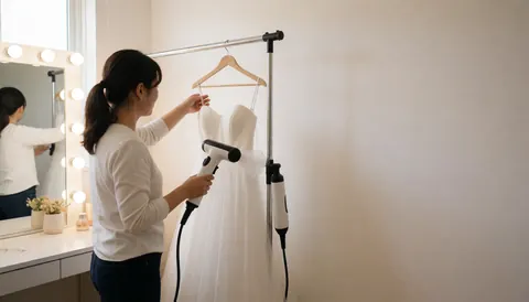 Une femme utilise un sèche-cheveux pour préparer une robe de mariée blanche dans un salon, près d'un miroir éclairé et d'un mur blanc.