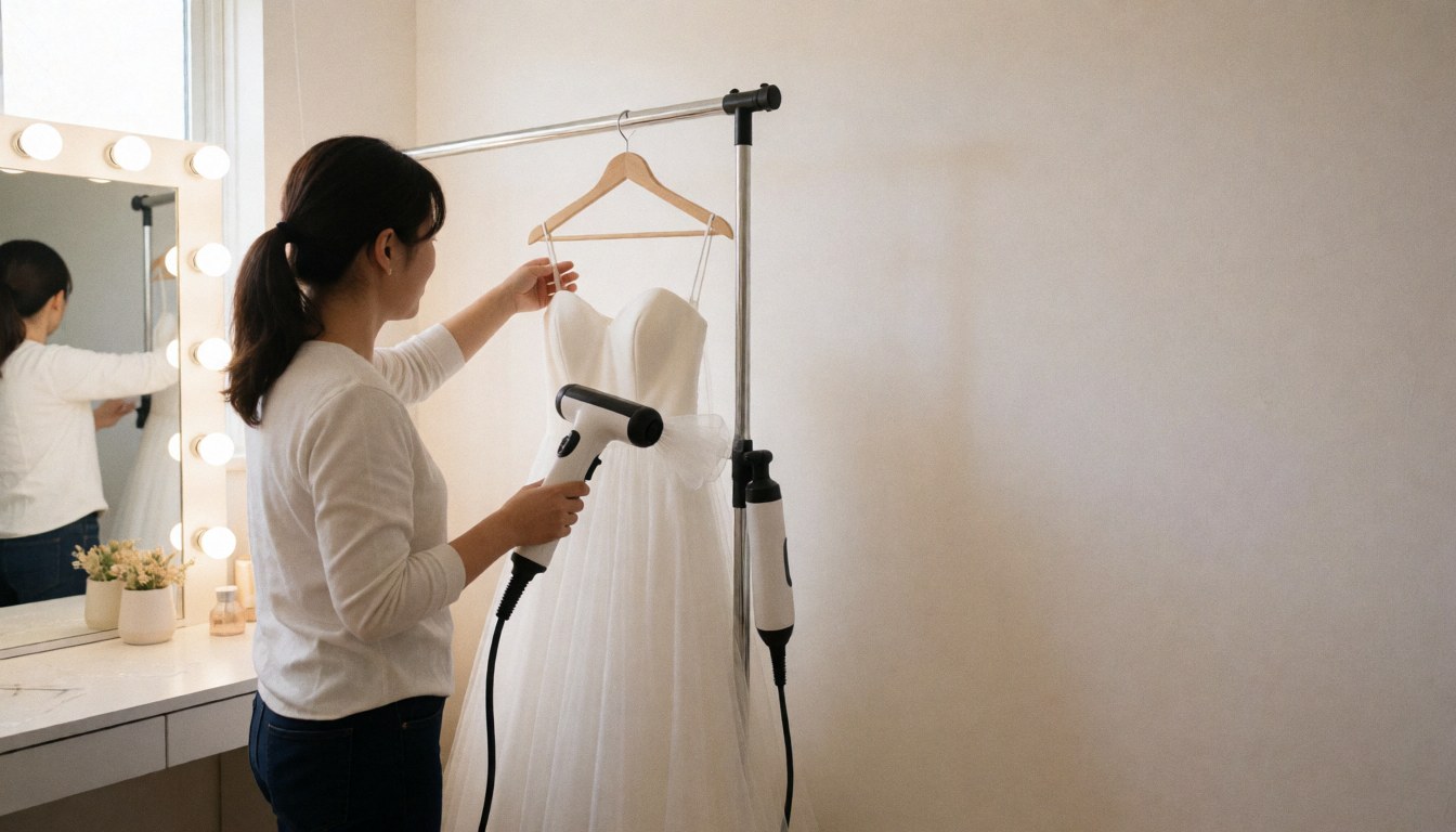 Une femme utilise un sèche-cheveux pour préparer une robe de mariée blanche dans un salon, près d'un miroir éclairé et d'un mur blanc.